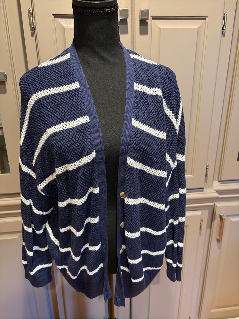 Old Navy Navy and White Striped Open-Front Cardigan